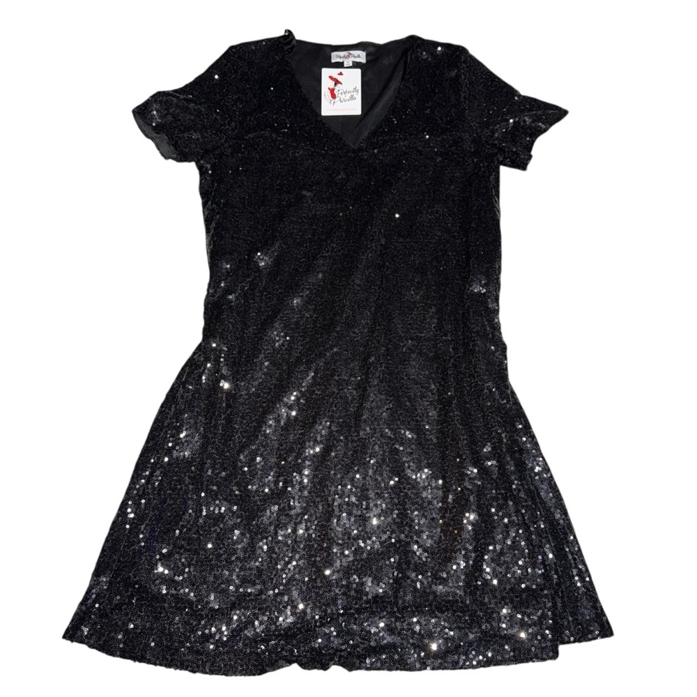 Perfectly Priscilla Black Sequin V-Neck Dress | Size M NWT